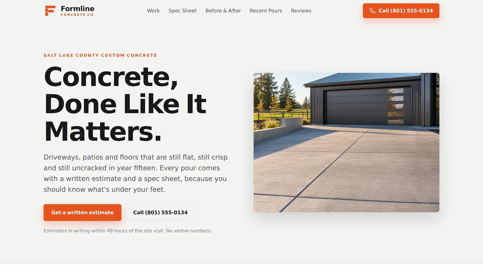 Formline Concrete Co. website homepage